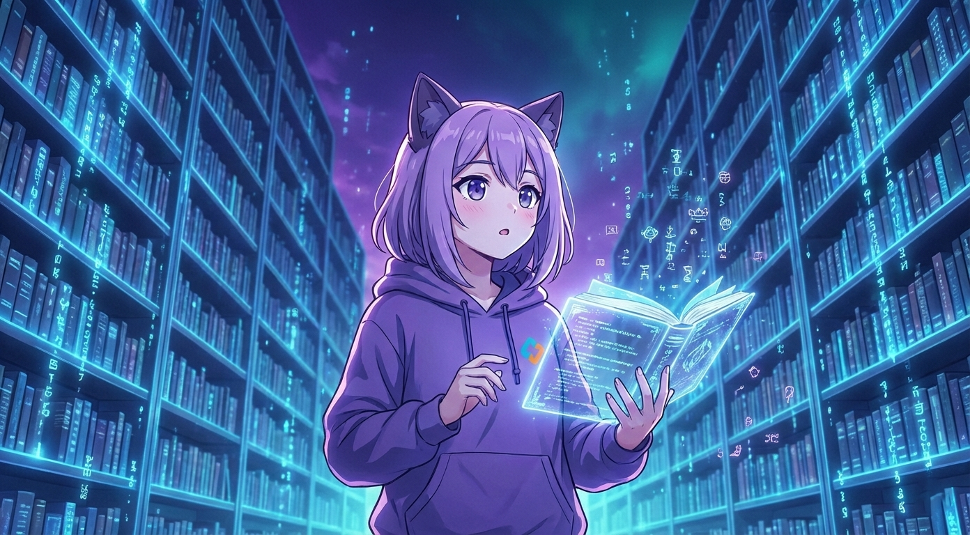 Леночка EasyByte читает волшебную книгу в библиотеке