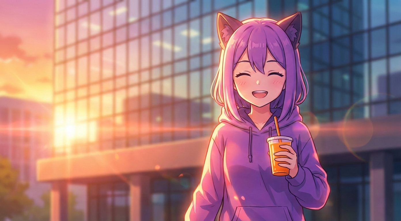 Леночка EasyByte пьет холодный напиток на закате