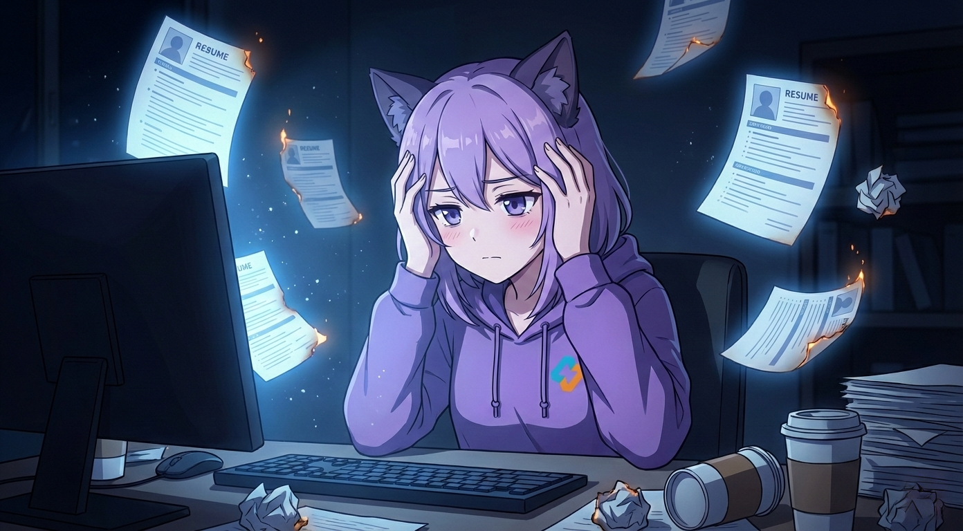 Леночка EasyByte сидит за компьютером, окруженная горящими резюме