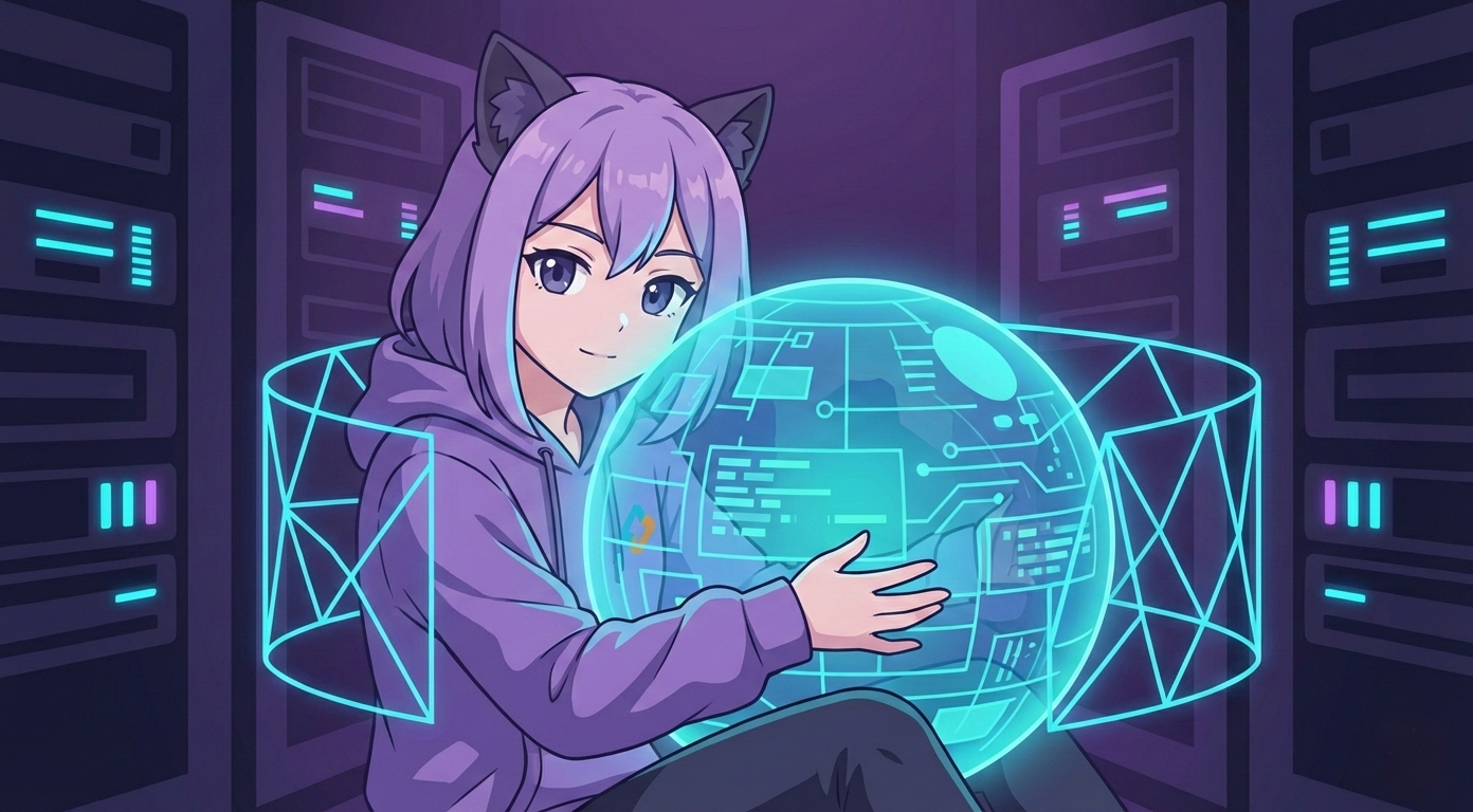Леночка EasyByte взаимодействует с голографической землей в серверной комнате