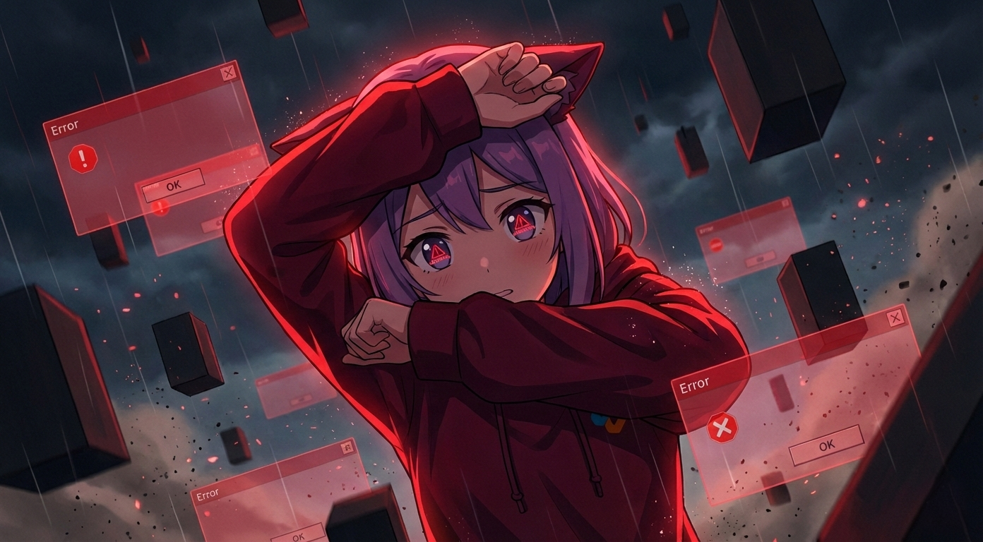 Леночка EasyByte закрывает глаза от ошибки на экране