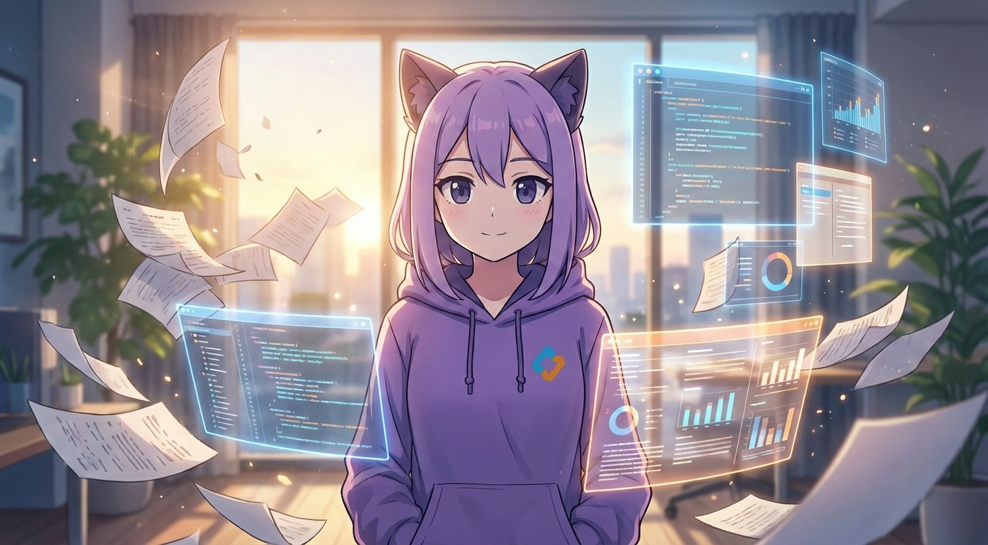 Леночка EasyByte сосредоточена на коде с бумагами вокруг