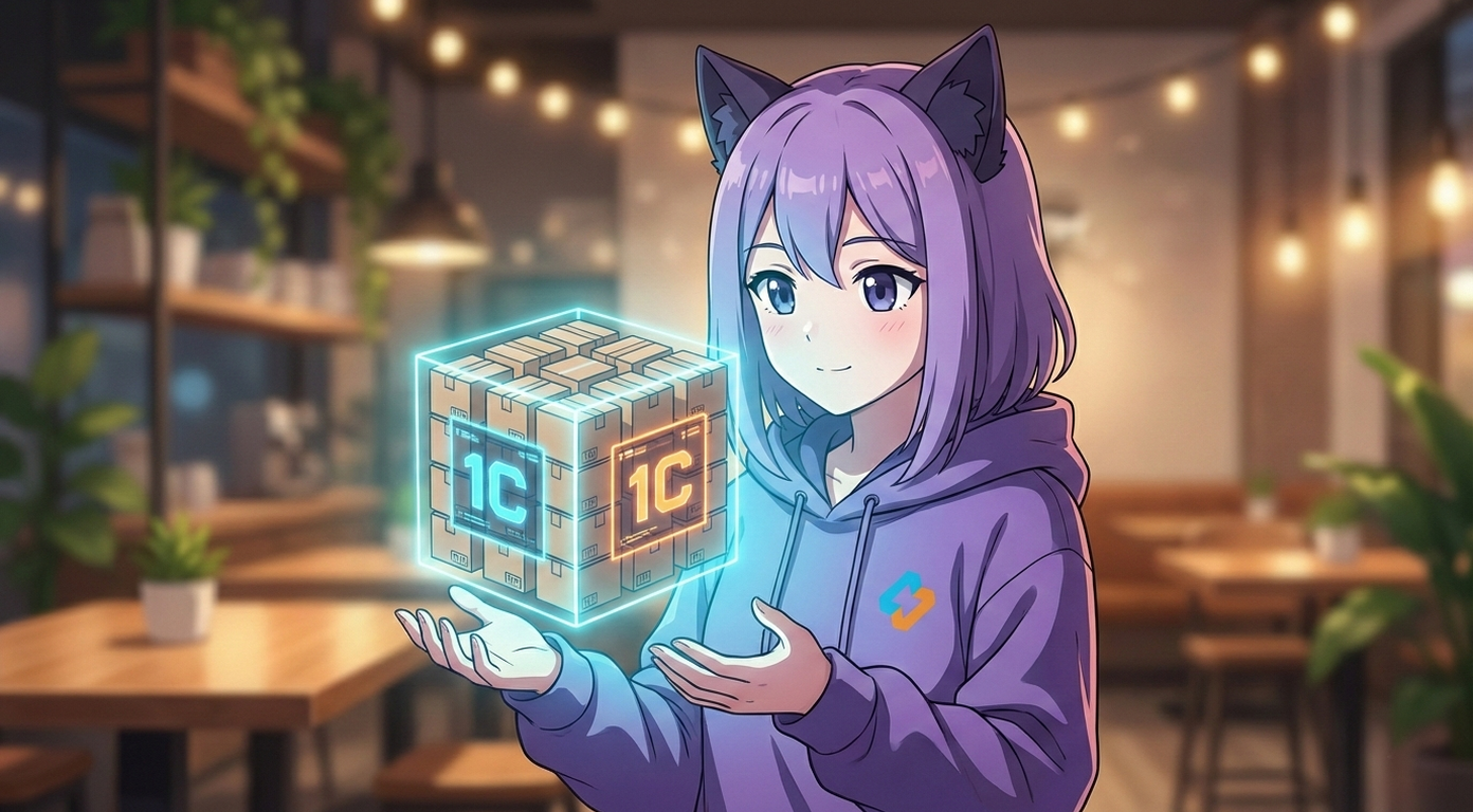 Леночка EasyByte держит в руках кубик данных