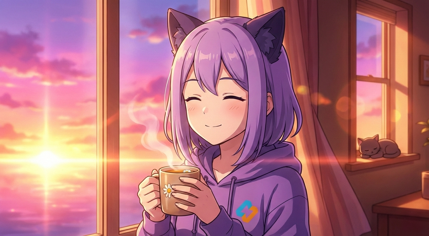 Леночка EasyByte пьет горячий напиток у окна на закате