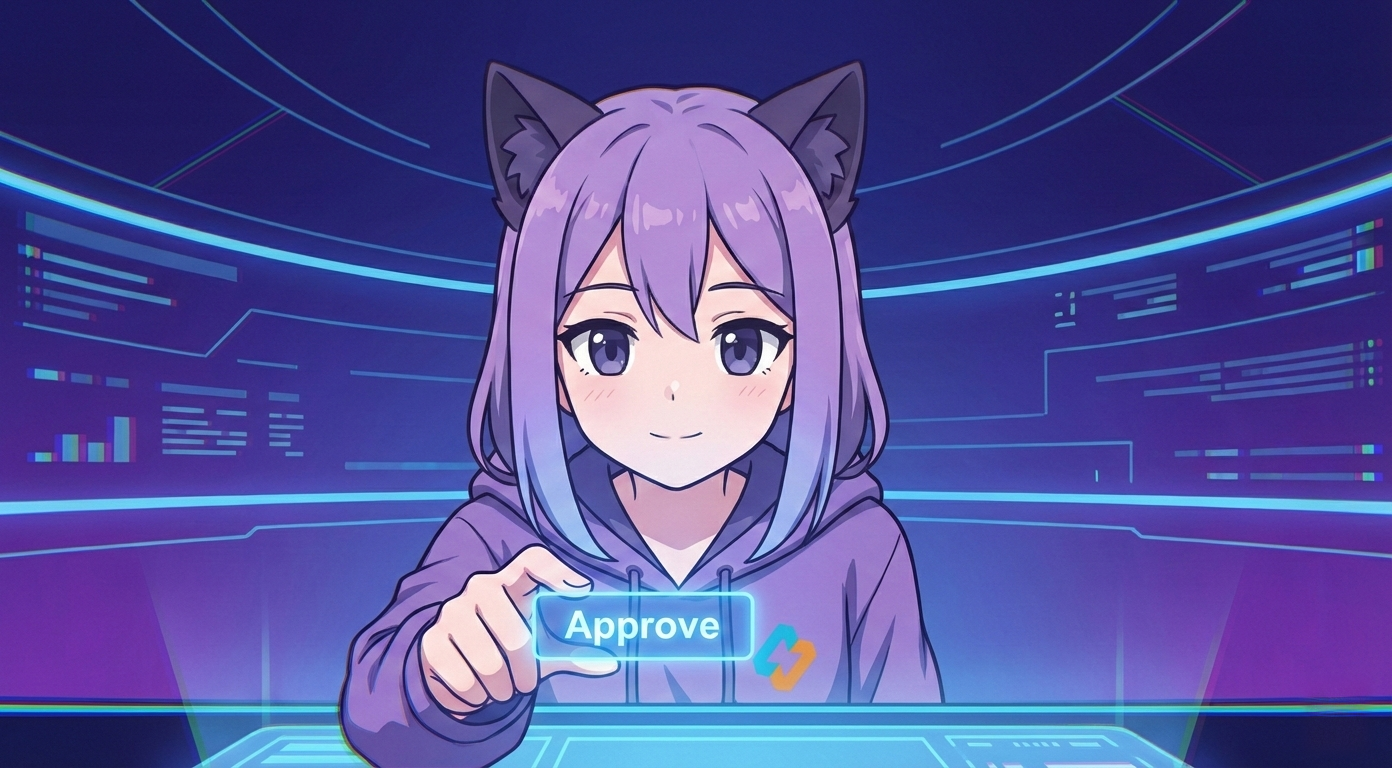 Леночка EasyByte указывает на кнопку утверждения на экране