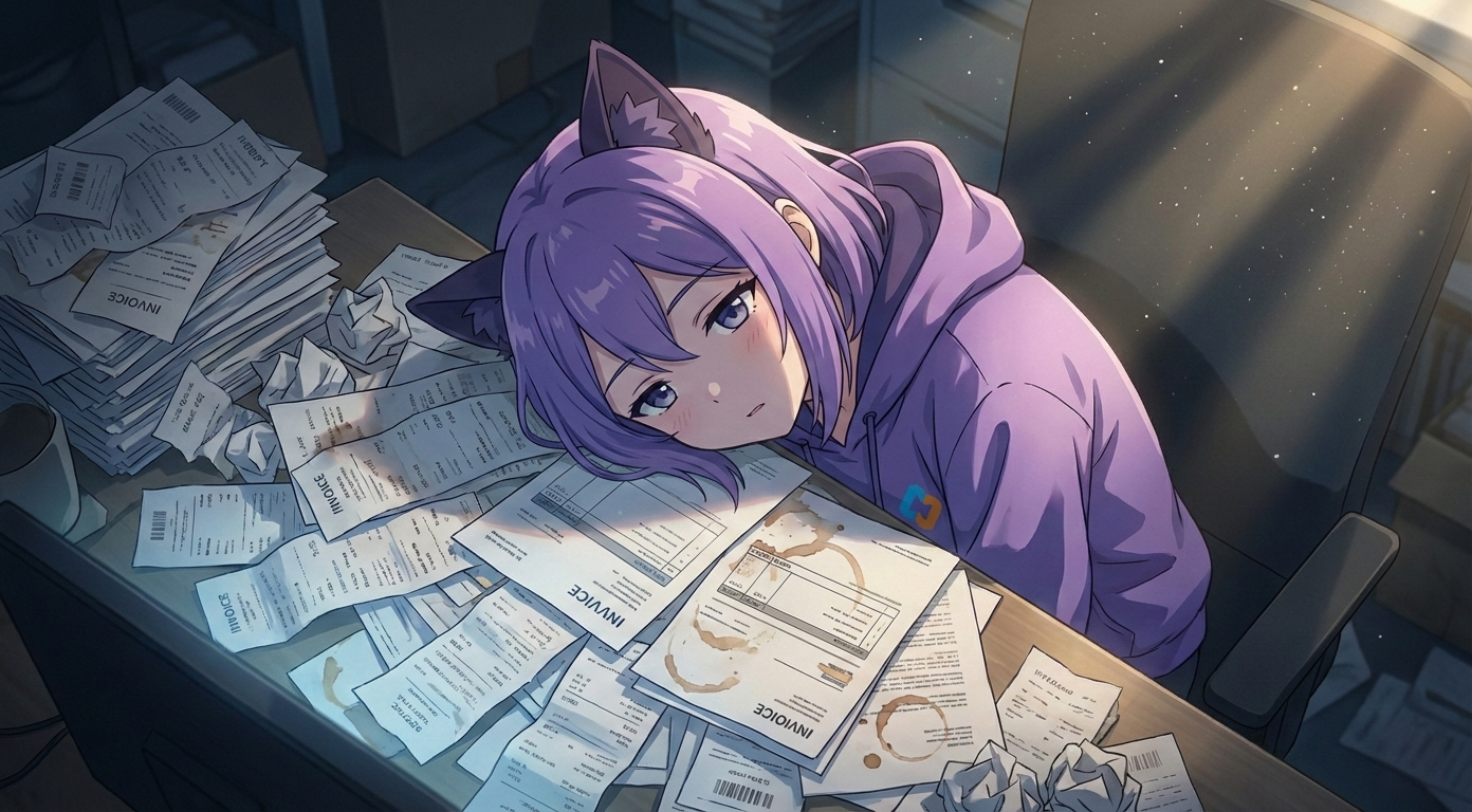 Леночка EasyByte усердно разбирает горы бумажных счетов на столе