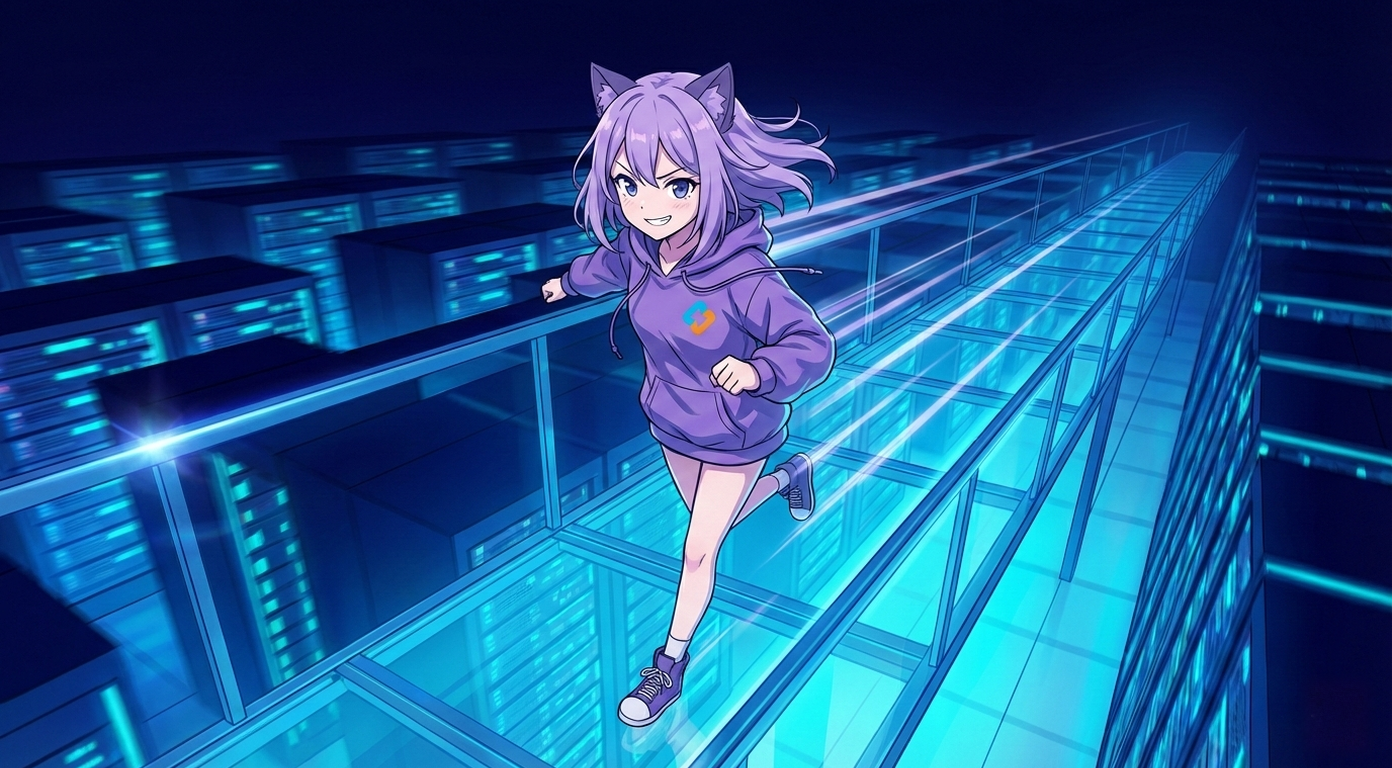 Леночка EasyByte бежит по стеклянному мосту ночью