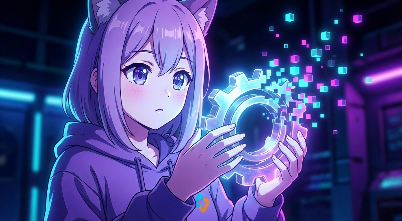 Леночка EasyByte держит шестерню с цифровыми блоками