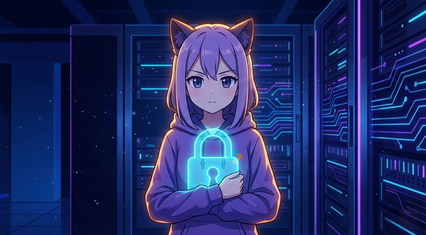 Леночка EasyByte держит замок в серверной комнате