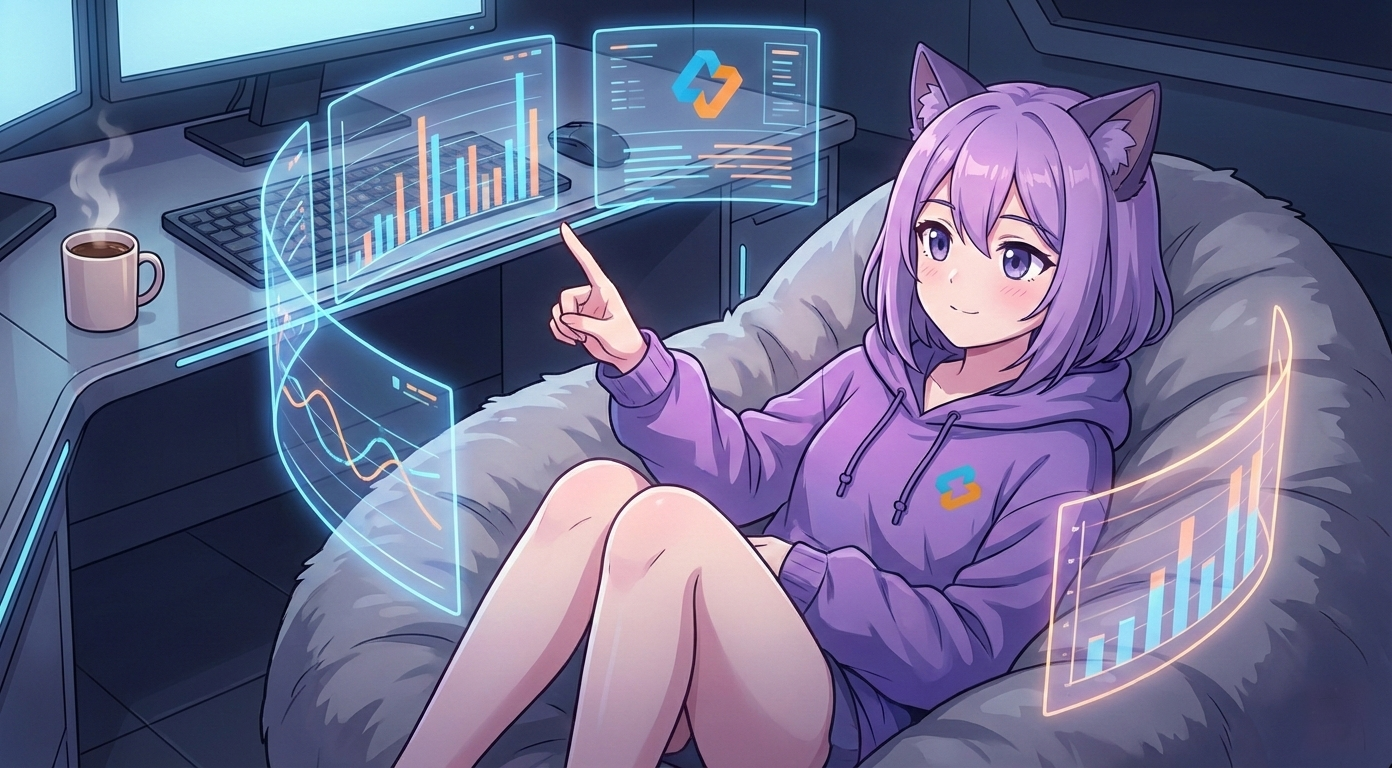 Леночка EasyByte указывает на графики на экране компьютера.